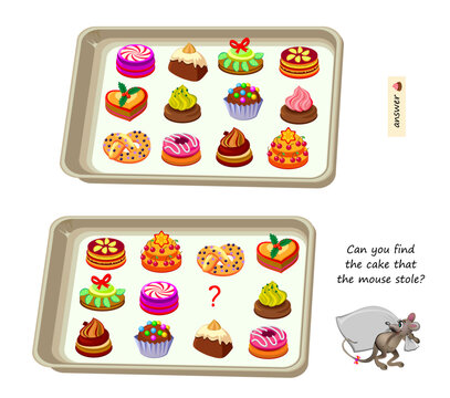 Logic puzzle for children and adults. Can you find the cake that the mouse stole? Educational game. Page for kids brain teaser book. Task for attentiveness. IQ test. Play online. Cartoon vector.