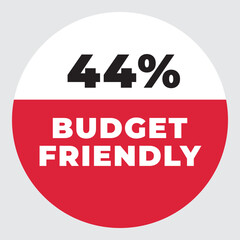 44% Budget Friendly vector sign. Warning red tag banner 