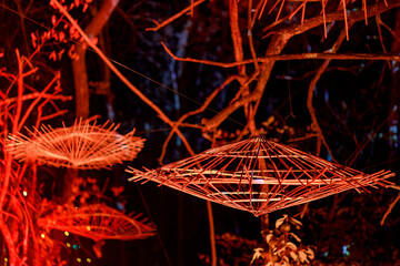 wicker baskets hanging from trees at a haunted forest during halloween