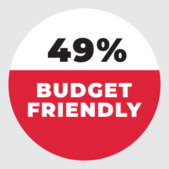 49% Budget Friendly vector sign. Warning red tag banner 