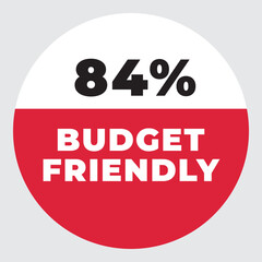 84% Budget Friendly vector sign. Warning red tag banner 