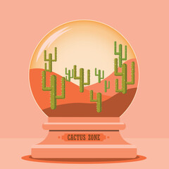 desert landscape illustration with dunes and cactus under the sun inside a crystal ball