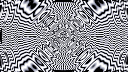 fluctuating white black waves from central changing hypnotic circle on creative abstract background with 3D rendering illustration for energy, frequency and physics concepts