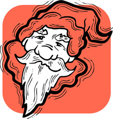 Funny Santa Claus face, hand drawn cartoon character, comic personage illustration. Decorative element for poster print, Christmas party invitation, postcard design. Traditional winter celebration.