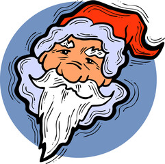 Funny Santa Claus face, hand drawn cartoon character, comic personage illustration. Decorative element for poster print, Christmas party invitation, postcard design. Traditional winter celebration.