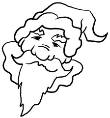Funny Santa Claus face, hand drawn cartoon character, comic personage illustration. Decorative element for poster print, Christmas party invitation, postcard design. Traditional winter celebration.