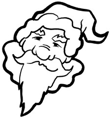 Funny Santa Claus face, hand drawn cartoon character, comic personage illustration. Decorative element for poster print, Christmas party invitation, postcard design. Traditional winter celebration.