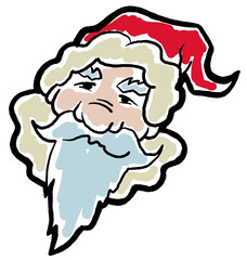 Funny Santa Claus face, hand drawn cartoon character, comic personage illustration. Decorative element for poster print, Christmas party invitation, postcard design. Traditional winter celebration.