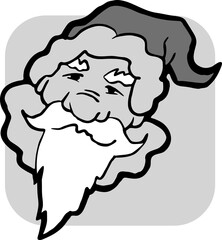 Funny Santa Claus face, hand drawn cartoon character, comic personage illustration. Decorative element for poster print, Christmas party invitation, postcard design. Traditional winter celebration.