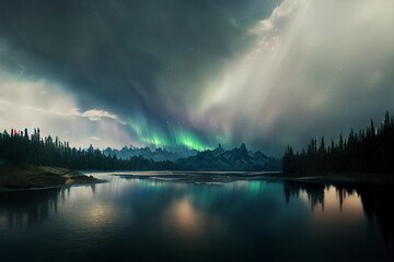 rainbow aurora over the river