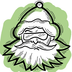 Funny Santa Claus face, hand drawn cartoon character, comic personage illustration. Decorative element for poster print, Christmas party invitation, postcard design. Traditional winter celebration.