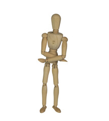 a wooden mannequin with folded arms