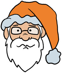 Funny Santa Claus face, hand drawn cartoon character, comic personage illustration. Decorative element for poster print, Christmas party invitation, postcard design. Traditional winter celebration.
