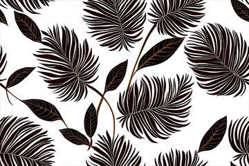 Foliage seamless pattern, various leaves in brown, black and white on bright brown