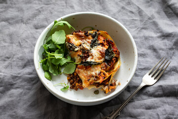 Vegetarian lasagna with puy lentils and butternut squash