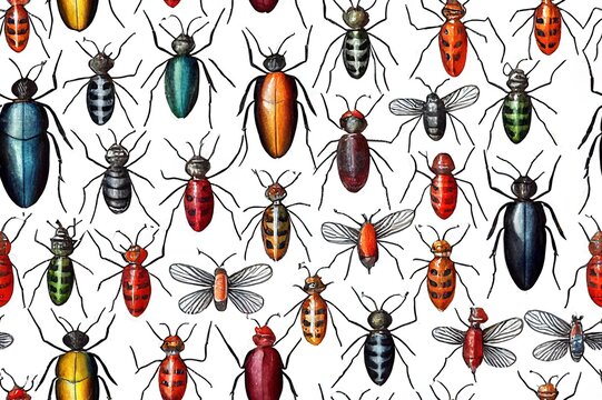 cartoon insects seamless pattern. watercolor beetle hand drawn illustration