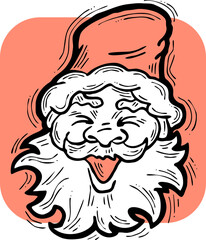 Obraz premium Funny Santa Claus face, hand drawn cartoon character, comic personage illustration. Decorative element for poster print, Christmas party invitation, postcard design. Traditional winter celebration.