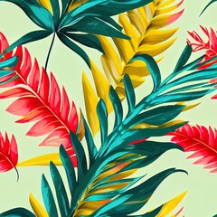 Colorful tropical leaves, jungle. Seamless pattern, luxury mural, wallpapers. Exotic vintage 3d digital illustration, dark watercolor background. Modern printable art, fabric, tapestry, poster, paper