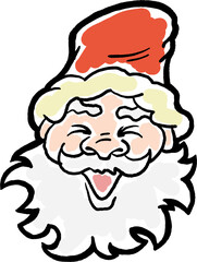 Funny Santa Claus face, hand drawn cartoon character, comic personage illustration. Decorative element for poster print, Christmas party invitation, postcard design. Traditional winter celebration.
