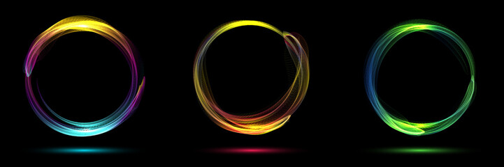 Set of glowing neon color circles round smoke shape with wavy dynamic lines isolated on black background technology concept