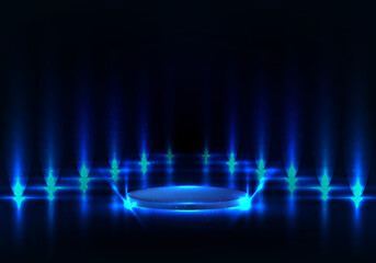 3D realistic pedestal podium with blue lighting illuminate and reflect surface on dark walk way background