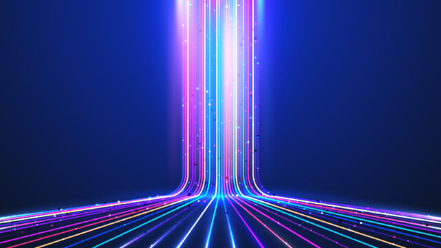 Abstract technology digital futuristic concept glow neon colors lines with lighting effect perspective on dark blue background