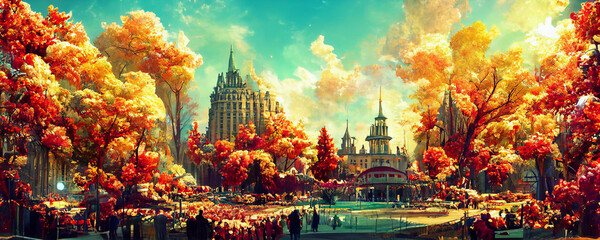 Fototapeta na wymiar Thanksgiving abstract city park in autumn fall colors, landscape banner background AI generated