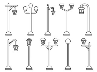 Streetlight streetlamp linear lamppost. Coloring book page vintage street lantern poles. Urban electric illumination pillars. Retro lamp post with gas or light bulbs. City park square garden exterior