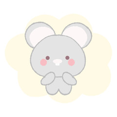 Cute mouse, rat, rodent on yellow cloud. Hand drawn vector illustration in crayon colored texture isolated on white background.