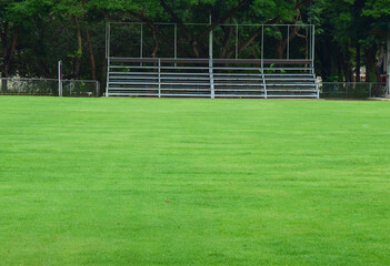 The football field is a green lawn.