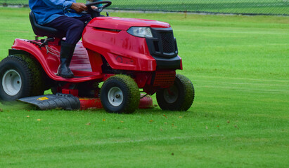 The football field is a green lawn.