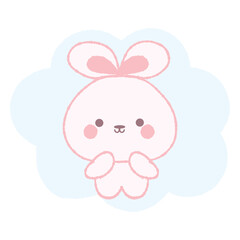 Cute rabbit, hare, bunny on blue cloud. Hand drawn vector illustration in crayon colored texture isolated on white background.