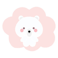 Cute baby polar bear on pink cloud. Hand drawn vector illustration in crayon colored texture isolated on white background.