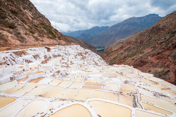 panoramic view of maras salt mine, peru - obrazy, fototapety, plakaty