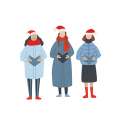 Women sing Christmas songs on white background. Girls in winter clothes and christmas red hat caroling.