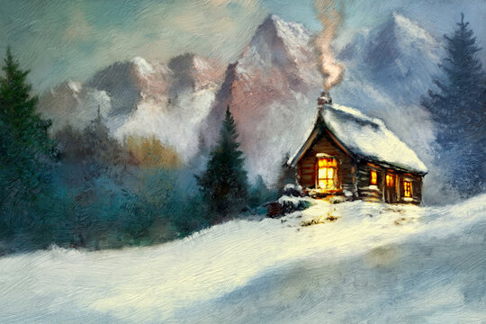 Oil paintings winter landscape, old house in the mountains. Fairy-tale snow-covered house in the mountains