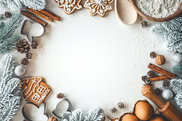 Christmas background with place for text. Flour, eggs, cinnamon, form, rocking flat lay top view