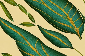 Seamless floral pattern with Tropical bananas leaves. Tropical leaves in retro style. Hand drawn olive color pattern. Line art.