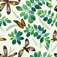 Moths, butterfly and grass seamless pattern. Hand painted texture with Botanical elements plants, flowers, grass, berries, fern, leaves. Natural repeating background