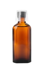 Bottle of syrup with measuring cup on white background. Cough and cold medicine