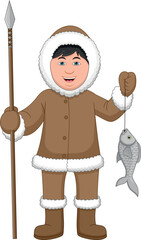 Cartoon cute Eskimo boy catching fish with a spear - obrazy, fototapety, plakaty