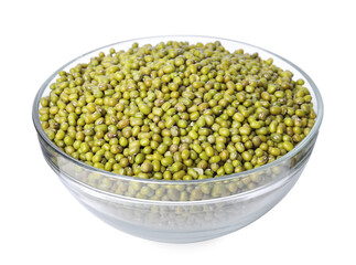 Bowl with fresh mung beans isolated on white