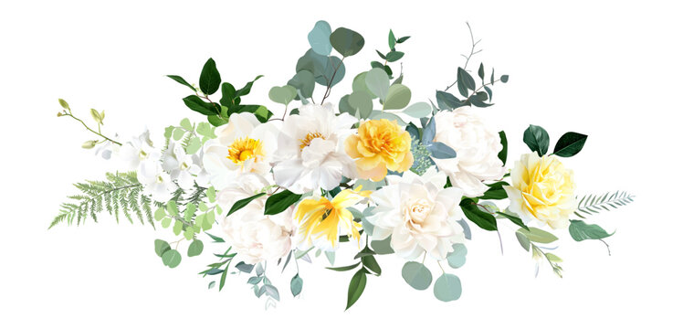 Yellow rose, ivory dahlia, white peony, tulip, orchid, spring garden flowers, emerald greenery, eucalyptus