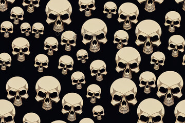 Seamless pattern with human skulls. 2d illustrated background with sinister smiling skulls in retro style. Graphic print for clothes, fabric, wallpaper, wrapping paper