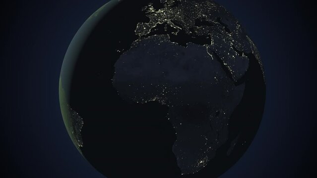 Seamless looping animation of the earth at night zooming in to the 3d map of Sudan with the capital and the biggest cites in 4K resolution