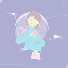 Vector illustration devoted to the social problems such us loneliness and disunity between people imaging a smiling girl holding a big heart in one hand and envelop in another one. 