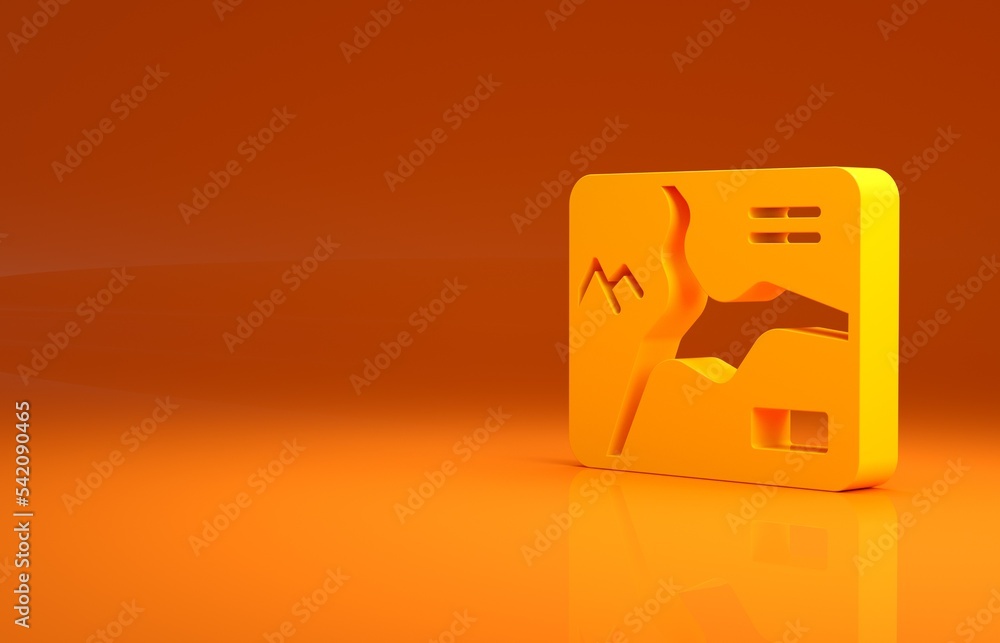 Poster yellow topographic map with route and coordinates icon isolated on orange background. minimalism con