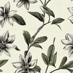 Sketchy botanical print on white background. Seamless 2d illustrated pattern in repeat. Vintage print with inflorescences. Retro textile design collection.