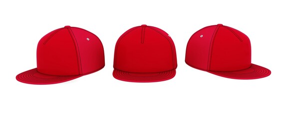 Red baseball cap. Realistic front and side view red baseball cap isolated on white background. 3d rendering.