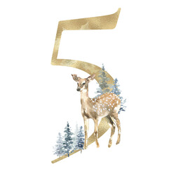 Christmas Number illustration, watercolor gold digit 5, woodland winter forest animal,deer, stag, fawn, coniferous woods,fox, hare,rabbit. Floral animal alphabet for holiday greeting card, invite  